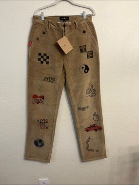 Exclusive Teddy Fresh Tan Corduroy Pants with Black & Red Embroidered Graphics